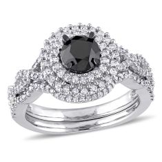 1 1/2ctw Black Diamond and Diamond Double Halo Engagement and Wedding Ring Bridal Set