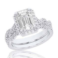 1 1/2ctw Emerald Lab Grown Diamond Halo Twist Band White Gold Engagement and Wedding Ring Bridal Set