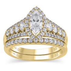 1 1/2ctw Marquise Diamond Halo Yellow Gold Engagement and Wedding Ring Bridal Set - Glow Collection