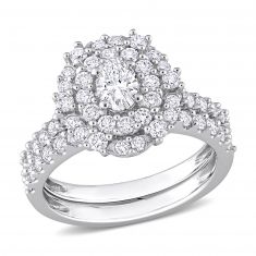 1 1/2ctw Oval Diamond Double Halo White Gold Engagement and Wedding Ring Set