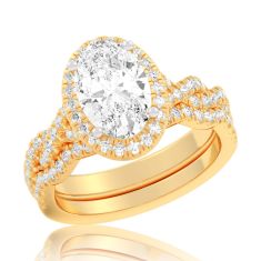 1 1/2ctw Oval Lab Grown Diamond Halo Twist Band Yellow Gold Engagement and Wedding Ring Bridal Set