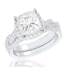 1 1/2ctw Princess Lab Grown Diamond Halo Twist Band White Gold Engagement and Wedding Ring Bridal Set