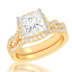1 1/2ctw Princess Lab Grown Diamond Halo Twist Band Yellow Gold Engagement and Wedding Ring Bridal Set