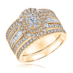 1 1/2ctw Round Diamond Double Halo Yellow Gold Engagement Ring and Wedding Band Set | Harmony Collection