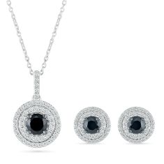 1 3/4ctw Treated Black Diamond and Diamond Halo Circle White Gold Stud Earrings and Pendant Necklace Set