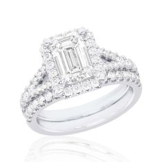 1 5/8ctw Emerald Lab Grown Diamond Halo White Gold Engagement and Wedding Ring Bridal Set