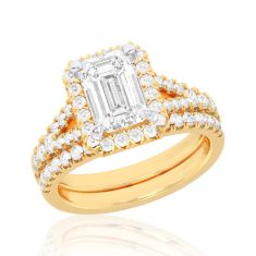 1 5/8ctw Emerald Lab Grown Diamond Halo Yellow Gold Engagement and Wedding Ring Bridal Set