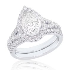 1 5/8ctw Pear Lab Grown Diamond Halo White Gold Engagement and Wedding Ring Bridal Set