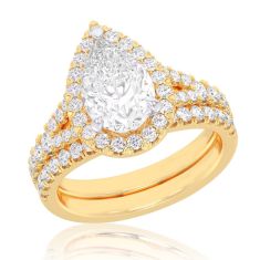 1 5/8ctw Pear Lab Grown Diamond Halo Yellow Gold Engagement and Wedding Ring Bridal Set