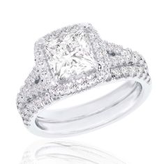 1 5/8ctw Princess Lab Grown Diamond Halo White Gold Engagement and Wedding Ring Bridal Set