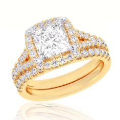 1 5/8ctw Princess Lab Grown Diamond Halo Yellow Gold Engagement and Wedding Ring Bridal Set