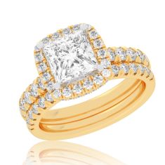 1 5/8ctw Princess Lab Grown Diamond Halo Yellow Gold Engagement and Wedding Ring Bridal Set