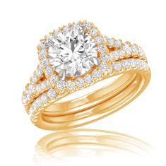 1 5/8ctw Round Lab Grown Diamond Halo Yellow Gold Engagement and Wedding Ring Bridal Set