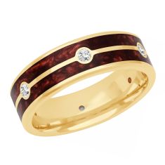 1/5ctw Bezel-Set Diamond and Pearl Red Ceramic Inlay Yellow Gold Wedding Band | 7mm | Men's