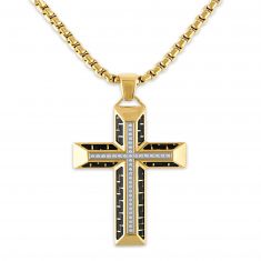 1/5ctw Diamond Black Carbon Fiber and Gold-Plated Stainless Steel Cross Pendant Necklace