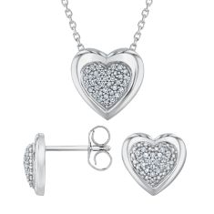 1/5ctw Diamond Multi-Top Heart Sterling Silver Stud Earring and Pendant Necklace Jewelry Set