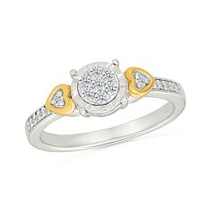 1/6ctw Round Diamond Cluster Yellow Gold Heart Detail Sterling Silver Promise Ring