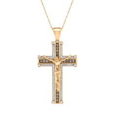1ctw Brown Diamond and Diamond Crucifix Yellow Gold Pendant Necklace - Men's