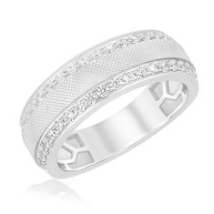 1ctw Diamond Double Row Textured White Gold Band - Men's