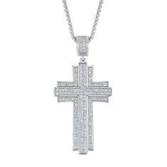 1ctw Lab Grown Diamond Sterling Silver Double Cross Pendant Necklace | Men's
