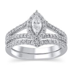 1ctw Marquise Diamond Halo Twist White Gold Engagement and Wedding Ring Bridal Set - Couture Collection