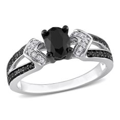 1ctw Oval Treated Black Diamond and Diamond Geometric Sterling Silver Engagement Ring