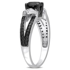 1ctw Oval Treated Black Diamond and Diamond Geometric Sterling Silver Engagement Ring