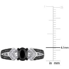 1ctw Oval Treated Black Diamond and Diamond Geometric Sterling Silver Engagement Ring