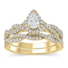1ctw Pear Diamond Halo Twist Yellow Gold Engagement and Wedding Ring Bridal Set - Glow Collection