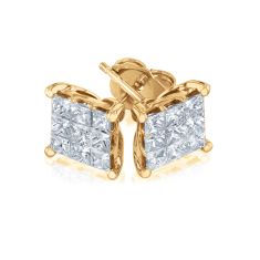 1ctw Princess Diamond Composite Yellow Gold Stud Earrings