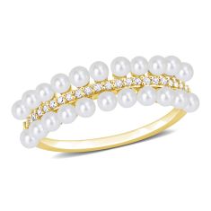 2-2.5mm White Freshwater Cultured Pearl 1/10ctw Diamond Yellow Gold Band Ring
