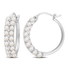 2-2.5mm White Freshwater Cultured Pearl 1/10ctw Diamond White Gold Hoop Earrings