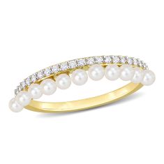 2-2.5mm White Freshwater Cultured Pearl 1/6ctw Diamond Yellow Gold Band Ring