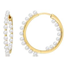 2-2.5mm White Freshwater Cultured Pearl Yellow Gold Hoop Earrings