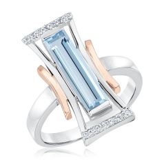 Breuning Baguette Blue Topaz 1/6ctw Diamond Two-Tone Rose and White Ring - Size 7 1