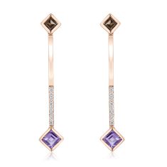 Breuning Princess Amethyst and Smoky Quartz 1/8ctw Diamond Rose Gold Drop Earrings 1