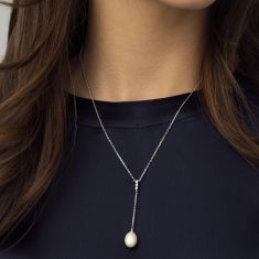 Freshwater Cultured Pearl and Created White Sapphire Sterling Silver Y Necklace