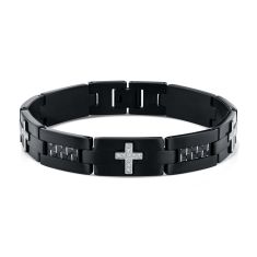 Men's 1/4ctw Diamond Cross Carbon Fiber and Black Ion-Plated Stainless Steel Link Bracelet 1