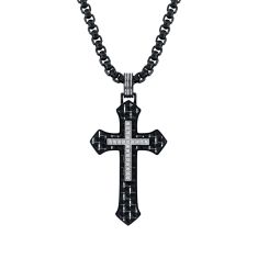 Men's 1/10ctw Diamond Carbon Fiber Cross Black Ion-Plated Stainless Steel Pendant Necklace 1