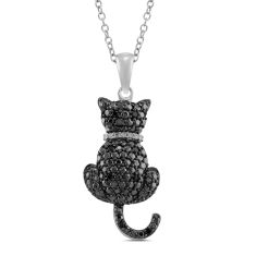 1/10ctw Black Diamond Cat Sterling Silver Pendant Necklace