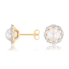 Downton Abbey Lady Edith - Freshwater Cultured Pearl and 1/4ctw Diamond 10k Yellow Gold Stud Earrings