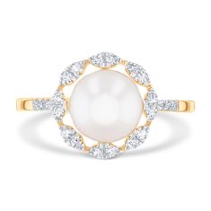 Downton Abbey Lady Edith - Freshwater Cultured Pearl and 1/5ctw Diamond 10k Yellow Gold Ring