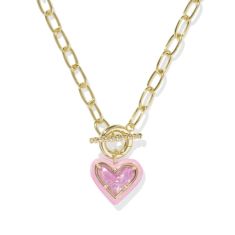 Kendra Scott Ari Heart Enamel Frame Link and Chain Necklace in Pink Iridescent Glitter Glass 1