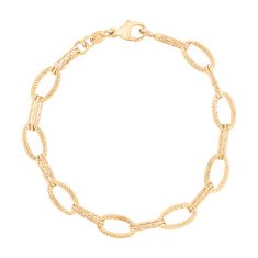 14k Yellow Gold 7.5mm Textured Fancy Oval Link Chain Bracelet