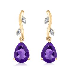 Amethyst and Diamond Accent 10k Yellow Gold Floral Drop Earrings