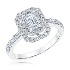 1 1/2ctw Emerald Diamond Halo Vintage-Inspired 14k White Gold Engagement and Wedding Ring Bridal Set