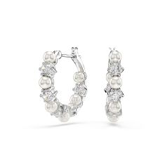 Swarovski Crystal Matrix Crystal Pearl and Cubic Zirconia Rhodium-Plated Hoop Earrings