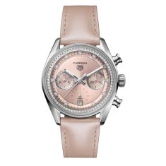 image of TAG Heuer CARRERA Chronograph Diamond Accent Pink Dial Leather Strap Watch 39mm - CBS2215.FC6568 with sku:20536801