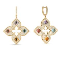 image of Roberto Coin Venetian Princess Carnival 1 7/8ctw Diamond Blue Topaz, Citrine, Rubellite, and Tanzanite Large Open Flower 18k Yellow Gold Drop Earrings with sku:20564654