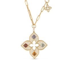 Roberto Coin Venetian Princess Carnival 7/8ctw Diamond Blue Topaz, Citrine, Rubellite, and Tanzanite Large Open Flower 18k Yellow Gold Pendant Necklace
